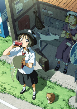 2girls black_hair black_hat black_skirt blonde_hair broom can cat coca-cola cola dress drinking grass hat highres holding holding_can holding_map inuno_rakugaki map maribel_hearn mob_cap multiple_girls outdoors purple_dress shadow shirt short_hair sitting skirt summer sweat touhou trash_can usami_renko white_shirt