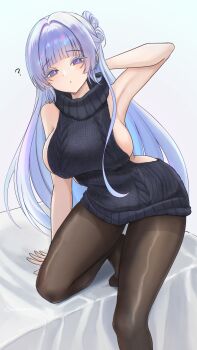 1girl :o absurdres aran_sweater arm_behind_head arm_support arm_up armpits bare_arms bare_shoulders black_sweater blue_background breasts brown_pantyhose cable_knit commentary_request goddess_of_victory:_nikke gradient_background grey_background hair_intakes heattech_leotard highres large_breasts leotard long_hair looking_at_viewer nayuta_(nikke) no_shoes pantyhose parted_lips purple_eyes purple_hair ribbed_sweater sideboob sleeveless sleeveless_sweater sleeveless_turtleneck solo sunameri_(pixiv3564245) sweater turtleneck very_long_hair