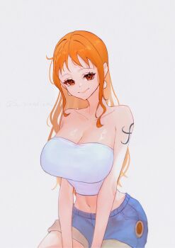 1girl absurdres bare_shoulders blue_shorts breasts brown_eyes cleavage closed_mouth collarbone commentary cowboy_shot cropped_shirt denim denim_shorts earrings grey_background highres jewelry large_breasts long_hair looking_at_viewer midriff nami_(one_piece) navel one_piece orange_hair pearl_earrings sc_scandium shirt shorts shoulder_tattoo smile solo strapless strapless_shirt tattoo white_shirt