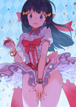 1girl alternate_costume black_hair blue_background blush bow bracelet center_frills collared_shirt covering_crotch covering_privates dawn_(pokemon) dress_shirt frills hair_bow hair_ornament highres holding jewelry layered_skirt long_hair looking_at_viewer nintendo open_mouth panties poke_ball poke_ball_(basic) pokemon pokemon_bdsp puffy_short_sleeves puffy_sleeves red_bow shiny_skin shirt short_sleeves skirt skirt_tug solo spring2013 striped sweat underwear white_panties white_skirt wind wind_lift