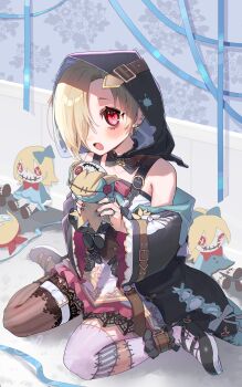1girl blonde_hair blush commentary_request detached_sleeves doll dress ear_piercing hair_over_one_eye highres hood hood_up idolmaster idolmaster_cinderella_girls looking_at_viewer mismatched_thighhighs open_mouth piercing red_eyes shine_asahi shirasaka_koume sitting stuffed_toy thighhighs wariza