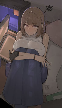 1girl artist_glove azz0422 black_skirt breasts brown_hair can chair closed_mouth commentary computer crying crying_with_eyes_open english_commentary frown gloves highres holding holding_pen indoors jewelry large_breasts long_skirt looking_at_viewer medium_hair on_chair original pen purple_eyes qr_code ring shirt single_glove sitting skirt solo tearing_up tears white_shirt