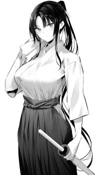 1girl blush breasts greyscale hakama highres hiiragi_yuuichi holding holding_sword holding_towel holding_weapon japanese_clothes large_breasts looking_at_viewer monochrome original parted_bangs ponytail shinai simple_background solo sweatdrop sword towel weapon white_background wooden_sword