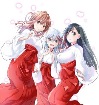 3girls absurdres amagami-san_chi_no_enmusubi amagami_asahi amagami_yae amagami_yuna black_hair blue_eyes blush breasts closed_mouth commentary_request green_eyes hair_ribbon hakama hakama_skirt hand_on_own_chest highres interlocked_fingers japanese_clothes kimono large_breasts long_hair long_sleeves looking_at_viewer marcey medium_breasts medium_hair miko multiple_girls open_mouth orange_eyes orange_hair own_hands_together red_hakama red_ribbon ribbon second-party_source siblings simple_background sisters skirt small_breasts smile white_background white_hair white_kimono wide_sleeves