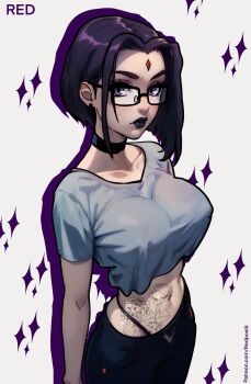 1girl absurdres ai-assisted black_choker black_hair black_lips bob_cut breasts choker crop_top dc_comics glasses goth_fashion highres large_breasts looking_at_viewer purple_eyes raven_(dc) redpostit tattoo teen_titans