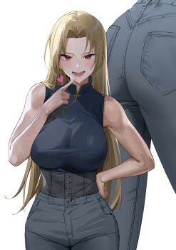1girl alcoholrang black_shirt blonde_hair breasts commentary_request denim hand_on_own_hip hand_up high-waist_pants highres jeans jujutsu_kaisen large_breasts long_hair looking_at_viewer multiple_views open_mouth pants red_eyes shirt simple_background sleeveless sleeveless_shirt smile straight_hair taut_clothes taut_shirt toned toned_female tsukumo_yuki_(jujutsu_kaisen)