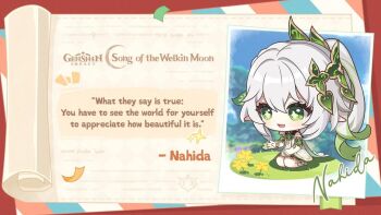 1girl character_name chibi commentary cross-shaped_pupils dress english_commentary english_text genshin_impact green_eyes green_hair grey_hair hair_ornament hand_up long_hair looking_at_flowers multicolored_hair nahida_(genshin_impact) official_art open_mouth pointy_ears ponytail seiza sitting smile solo symbol-shaped_pupils two-tone_hair white_dress