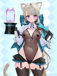 Rule 34 | 1girl, adapted costume, animal ear fluff, animal ears, bow, breasts, cameltoe, cat ears, cat girl, cat tail, closed mouth, facial mark, genshin impact, gloves, grey hair, highres, leotard, long hair, long sleeves, lynette (genshin impact), navel, pasties, purple eyes, see-through, see-through leotard, solo, star (symbol), star facial mark, tail, waterring