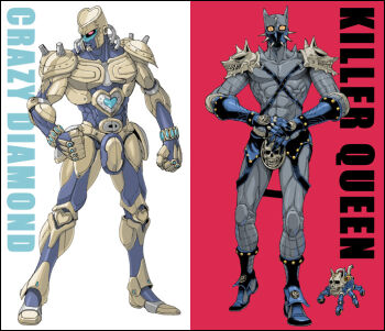 Rule 34 | 2boys, abs, armor, armored skirt, black boots, boots, character name, clenched hands, collarbone, colored skin, commentary, crazy diamond, cyborg, exhaust pipe, extra legs, full body, gauntlets, grey skin, heart, helmet, jojo no kimyou na bouken, killer queen, knee armor, looking at viewer, mahito (tranjistor), mask, mouth mask, multiple boys, muscular, muscular male, no humans, no pupils, pink background, pink eyes, redesign, rivets, sheer heart attack, shoulder armor, skull, skull belt, slit pupils, spikes, stand (jojo), standing, tube, wheel, white background
