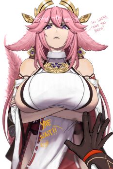 1boy 1girl absurdres aether_(genshin_impact) alternate_breast_size_(larger) angry animal_ears bare_shoulders breast_curtain breasts crossed_arms droopy_ears earrings english_text fox_ears fox_girl fox_tail genshin_impact gloves hair_between_eyes highres jewelry kaiel_(artist) large_breasts long_hair looking_at_viewer looking_down nail_polish nontraditional_miko pink_hair pink_nails pov purple_eyes sharp_teeth sideboob simple_background speech_bubble tail teeth vision_(genshin_impact) yae_miko