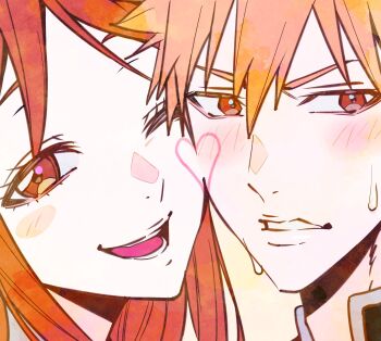 Rule 34 | 1boy, 1girl, bleach, blush, brown eyes, cheek-to-cheek, close-up, commentary, couple, eyelashes, hair between eyes, heads together, heart, highres, inoue orihime, kurosaki ichigo, long hair, looking at viewer, n (nauki 11), one eye closed, open mouth, orange hair, parted lips, short hair, sweat, symbol-only commentary, upper body