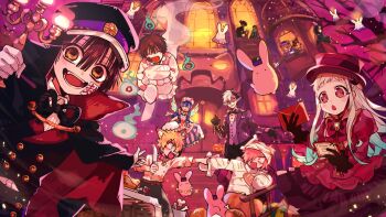 3girls 6+boys 6+others alcohol animal_ears bat_(animal) bat_wings black_gloves black_hair blonde_hair blush bone bow brown_eyes brown_hair bucket building butterfly_wings buttons candle character_request cloak cooking dress eating end_card envelope everyone fang food ghost glasses gloves green_hair hair_ornament halloween halloween_costume hanako_(jibaku_shounen_hanako-kun) hat higami_aya highres hitodama holding holding_envelope insect_wings jibaku_shounen_hanako-kun knife long_hair meat medium_hair mokke_(jibaku_shounen_hanako-kun) multicolored_hair multiple_boys multiple_girls multiple_others mummy_costume official_art open_mouth orange_hair pillow pink_hair pumpkin red_eyes ribbon short_hair skirt smile tree two-tone_hair vampire_costume white_hair wine wings yashiro_nene