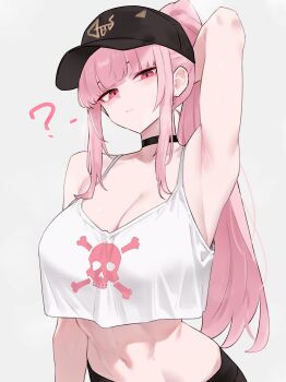 1girl ? absurdres arm_behind_head arm_up armpit_focus armpits bare_arms baseball_cap black_choker black_hat black_pants bluefield blunt_bangs breasts choker cleavage crop_top crop_top_overhang expressionless grey_background hat highres hololive hololive_english large_breasts long_hair looking_at_viewer midriff mori_calliope navel pants pink_eyes pink_hair sidelocks simple_background skull_and_crossbones skull_print straight_hair tank_top very_long_hair virtual_youtuber white_tank_top