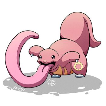 Rule 34 | colored skin, gen 1 pokemon, lickitung, long tongue, looking at viewer, mistray-art, nintendo, no humans, numbered, open mouth, pink skin, pokemon, pokemon (creature), signature, simple background, solo, tail, tongue, tongue out, very long tongue, white background