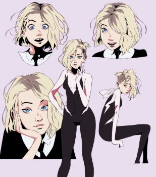 1girl asymmetrical_hair black_bodysuit black_necktie blonde_hair blue_eyes bodysuit breasts collared_shirt cowboy_shot eyebrow_piercing face_piercing feet_out_of_frame hair_between_eyes hand_on_own_cheek hand_on_own_face hand_on_own_hip head_on_hand highres hood hood_down looking_at_viewer marvel medium_breasts medium_hair multicolored_bodysuit multiple_views necktie onasugar open_mouth parted_lips piercing pink_background shirt sidecut sitting solo spider-gwen spider-man:_into_the_spider-verse spider-man_(series) spider-verse superhero_costume swepot two-tone_bodysuit undercut white_bodysuit white_shirt