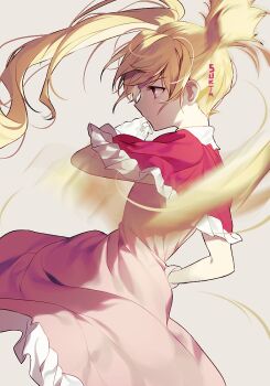 1girl artist_name biscuit_krueger blonde_hair capelet cutting_hair dress drill_hair female_focus frills from_side hunter_x_hunter lolita_fashion long_hair pink_dress pink_eyes simple_background solo sukja very_long_hair