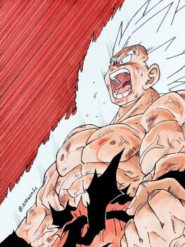 Rule 34 | 1boy, a24wks, abs, aura, clenched hand, commentary request, cowboy shot, dragon ball, dragonball z, highres, limited palette, male focus, muscular, muscular male, official alternate color, open mouth, powering up, red background, red eyes, screaming, solo, son goku, spiked hair, super saiyan, super saiyan 1, white hair
