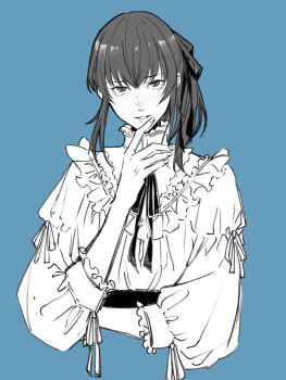 Rule 34 | 1boy, alternate costume, blue background, commentary request, cropped torso, finger to own chin, greyscale with colored background, highres, light smile, long hair, looking at viewer, male focus, parted lips, persona, persona 5, persona 5: the phantom x, sayoito sub, shiratori seiji, side ponytail, sidelocks, simple background, solo