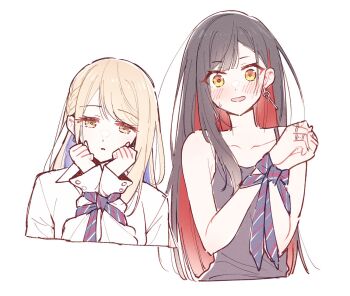 2girls azusawa_kohane bare_arms beru_popooo black_hair black_tank_top blonde_hair blue_hair blue_necktie blunt_bangs blush bound bound_wrists braid brown_eyes collarbone collared_shirt colored_inner_hair commentary_request cropped_torso diagonal-striped_clothes diagonal-striped_necktie earrings hair_behind_ear hands_up jewelry long_hair long_single_sidelock long_sleeves looking_at_viewer multicolored_hair multiple_girls multiple_rings necktie official_alternate_hair_length official_alternate_hairstyle orange_hair parted_lips project_sekai red_hair ring shiraishi_an shirt side_braid simple_background single_sidelock sleeves_past_wrists spaghetti_strap straight_hair striped_clothes sweatdrop swept_bangs tank_top two-tone_hair upper_body whip_the_wimp_girl!!_(project_sekai) white_background white_shirt