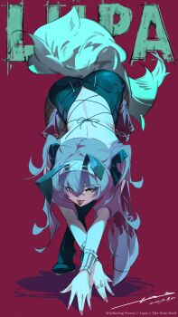 1girl :p alternate_costume animal_ear_hairband animal_ears ass back bent_over black_bow black_pantyhose bow commentary_request dated fake_animal_ears fingernails green_eyes hair_bow hairband highres long_hair looking_at_viewer lupa_(wuthering_waves) median_furrow multiple_hair_bows noto_(noto_1213) pantyhose pink_hair pink_nails rabbit_ear_hairband rabbit_ears red_pupils signature solo tail tongue tongue_out twintails wolf_tail wuthering_waves