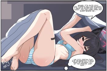 1girl animal_ear_fluff animal_ears barefoot bed_invitation black_hair blue_archive blue_bra blue_panties blush border bra breasts commentary english_commentary english_text fox_ears fox_girl full_body grey_background hair_between_eyes hair_spread_out halo hands_up hetero highres knees_up long_hair looking_at_viewer lying melissa_v2 nose_blush on_back on_bed panties presenting red_eyes red_halo ribs signature simple_background small_breasts solo speech_bubble striped_clothes striped_panties thighs thought_bubble tsurime under_covers underwear underwear_only v-shaped_eyebrows white_border yukino_(blue_archive)