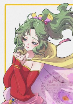 1girl artist_name blue_eyes breasts cape detached_sleeves dress final_fantasy final_fantasy_vi green_hair hair_bobbles hair_ornament hair_ribbon half-closed_eyes hands_on_own_chest highres long_hair medium_breasts parted_bangs pink_cape ponytail red_dress red_sleeves ribbon sash shikiwo strapless strapless_dress tassel tina_branford tube_dress two-sided_cape two-sided_fabric upper_body waist_sash white_background yellow_cape