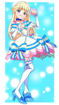 1girl aqua_bow arm_warmers artist_name bare_shoulders blonde_hair blue_background blue_bow blue_choker blue_eyes blue_shoes blue_theme blunt_bangs border bow bubble_background chest_bow choker clenched_hands colored_petticoat commentary cosplay cure_nyammy cure_nyammy_(cosplay) dress dress_bow frilled_arm_warmers frilled_dress frilled_thighhighs frills full_body gya-tei half_updo hands_up high_heels highres long_hair looking_at_viewer magical_girl medium_dress multicolored_bow nekoyashiki_yuki off-shoulder_dress off_shoulder pact_holder parted_lips paw_pose petticoat pouch precure self_cosplay shiny_cats_pact shoes smile solo standing striped_bow thighhighs white_arm_warmers white_border white_dress white_thighhighs wonderful_precure! zettai_ryouiki