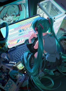 1girl absurdres aqua_eyes aqua_hair bare_shoulders black_skirt black_sleeves boots computer computer_keyboard computer_mouse danmaku_comments detached_sleeves from_behind grey_shirt hair_ornament hatsune_miku headphones headset highres indoors long_hair microphone monitor one_eye_closed open_mouth pleated_skirt pong_(pong_o0) poster_(object) shirt sitting skirt sleeveless sleeveless_shirt smile solo spring_onion thighhighs twintails very_long_hair vocaloid