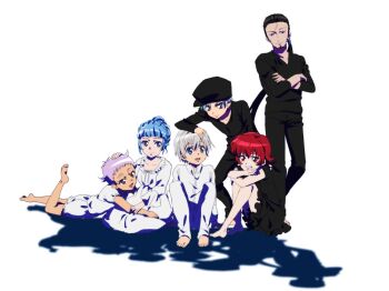 Rule 34 | 3boys, 3girls, ange serena, barefoot, black dress, bloomers, closed mouth, dark-skinned female, dark skin, dress, feet, full body, fumiko (mesushi), hat, hermana larmo, iria animi, long hair, multiple boys, multiple girls, nightgown, open mouth, pajamas, ponytail, ricardo soldato, ruca milda, shadow, short hair, simple background, sleepwear, smile, spada belforma, tales of (series), tales of innocence, underwear, white background