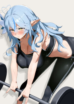 >:( 1girl ahoge alternate_costume barbell black_pants black_sports_bra blue_hair braid breasts breasts_out commentary_request determined double-parted_bangs drop_shadow exercising flower grey_background hair_between_eyes hair_flower hair_ornament half_up_braid hanging_breasts heart heart_ahoge highres hololive large_breasts long_hair long_pointy_ears midriff multicolored_hair pants pointy_ears solo sports_bra sportswear streaked_hair sweat uzuradobin v-shaped_eyebrows very_sweaty virtual_youtuber weightlifting weights yellow_eyes yoga_pants yukihana_lamy