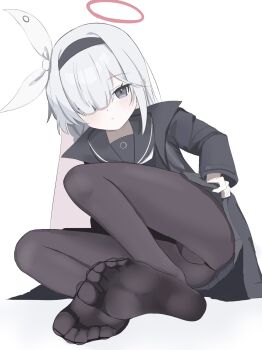 black_coat black_hairband black_pantyhose blue_archive clothes_lift coat commentary eyes_visible_through_hair feet foot_focus grey_eyes grey_hair hair_ribbon hairband halo highres looking_at_viewer lying on_side pantyhose pink_halo plana_(blue_archive) ribbon sailor_collar si_shirono skirt skirt_lift white_background white_ribbon