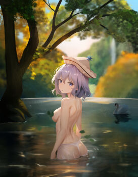 1girl absurdres ass bird blurry blurry_background blush breasts commentary commentary_request convenient_censoring english_commentary forest guilty_merlin hat highres large_breasts leaf leaf_censor looking_at_viewer lying merlin_prismriver nature on_side outdoors partial_commentary pink_hat purple_eyes purple_hair see-through_clothes short_hair sky solo swan touhou tree wading