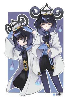 1girl belt belt_buckle black_dress black_hair blue_gloves blunt_bangs buckle closed_mouth coat dress fire gloves gwynn_(pokemon) hat highres looking_at_viewer multiple_views nintendo o-ring o-ring_belt open_clothes open_coat outline pantyhose partially_fingerless_gloves piyo_(toripoke710) pokemon pokemon_legends:_z-a purple_eyes purple_fire short_hair white_coat white_outline