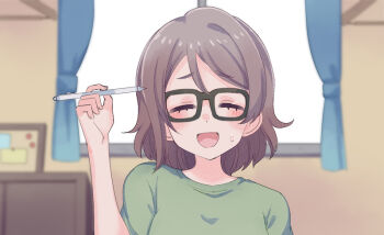 1girl black-framed_eyewear blunt_bangs blush brown_hair commentary cream_(nipakupa) facing_viewer glasses green_shirt holding holding_pencil indoors love_live! love_live!_sunshine!! mechanical_pencil medium_hair pencil shirt sidelocks solo sweatdrop t-shirt watanabe_you window
