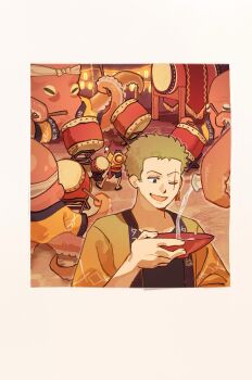 Rule 34 | 2boys, alcohol, apron, arms up, black apron, black hair, black shorts, commentary, drum, drumsticks, earrings, festival, from behind, green hair, hat, highres, holding, holding drumsticks, instrument, jewelry, male focus, monkey d. luffy, multiple boys, octopus, one eye closed, one piece, open mouth, roronoa zoro, sake, scar, scar across eye, scar on face, shirt, shorts, standing, straw hat, symbol-only commentary, toku0034, unworn hat, unworn headwear, upper body, yellow shirt