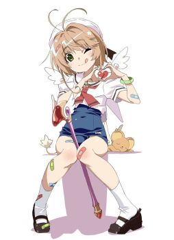 1girl angel_wings antenna_hair bandaid bandaid_hair_ornament bandaid_on_clothes bandaid_on_hair bandaid_on_hand bandaid_on_knee bandaid_on_leg bandaid_on_thigh beret between_thighs black_shoes blue_one-piece_swimsuit bracelet brown_hair cardcaptor_sakura child closed_mouth commentary_request covered_navel creature cropped_shirt detached_wings feathered_wings full_body fuuin_no_tsue green_eyes hair_between_eyes hair_intakes hair_ornament hands_up hat head_tilt heart heart_hands highres holding holding_staff holding_with_thighs invisible_chair jewelry kero_(cardcaptor_sakura) kinomoto_sakura knees_together_feet_apart licking_lips light_blush looking_at_viewer lying mary_janes neckerchief necktie on_stomach one-piece_swimsuit one_eye_closed pigeon-toed puffy_short_sleeves puffy_sleeves red_neckerchief red_necktie sailor_collar sailor_shirt school_swimsuit shadow shirt shoes short_hair short_sleeves sidelocks simple_background sitting sleeping smile socks solo square-end_necktie staff swimsuit swimsuit_under_clothes tongue tongue_out watanabe_akio white_background white_hat white_sailor_collar white_shirt white_socks white_wings wings