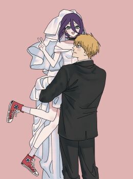 1boy 1girl aze_chainsawman bare_shoulders black_choker black_jacket black_pants black_suit blonde_hair blush breasts bridal_veil chainsaw_man choker collared_shirt commentary couple denji_(chainsaw_man) dress formal_clothes green_eyes grenade_pin hair_between_eyes hair_bun hetero highres husband_and_wife jacket long_dress looking_at_another medium_breasts medium_hair off-shoulder_dress off_shoulder open_mouth pants pink_background purple_hair red_shoes reze_(chainsaw_man) shirt shoes short_hair smile sneakers socks suit suit_jacket symbol-only_commentary updo v veil wedding_dress white_dress white_shirt white_socks