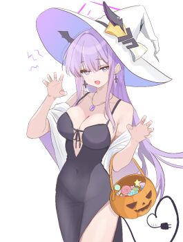 1girl alternate_costume basket black_dress blue_archive breasts covered_navel cross cross_earrings dress earrings elbow_carry floating_headgear halloween halo hat headgear holding holding_basket jewelry large_breasts long_hair looking_at_viewer necklace purple_eyes purple_hair purple_halo side_slit sleeveless sleeveless_dress solo utaha_(blue_archive) very_long_hair white_hat witch_hat yukki83130530