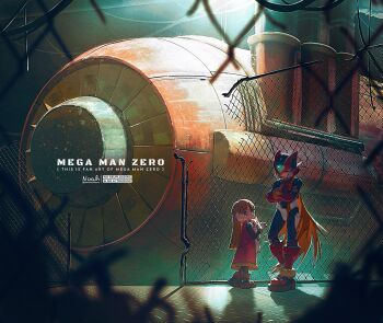 1boy 1girl alouette_(mega_man) armor blonde_hair blue_eyes closed_eyes copyright_name crossed_arms dress forehead_jewel helmet highres long_hair mega_man_(series) mega_man_zero_(series) noah_(rokoroko) pink_dress red_armor red_helmet robot_ears stuffed_animal stuffed_cat stuffed_toy train watermark zero(z)_(mega_man) zero_(mega_man)