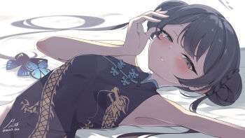 1girl absurdres armpits bare_shoulders black_dress black_hair blue_archive blunt_bangs blurry blush braid breasts bun_with_braided_base butterfly_hair_ornament china_dress chinese_clothes closed_mouth commentary_request depth_of_field double_bun dragon_print dress dutch_angle grey_eyes grey_halo hair_bun hair_ornament hair_spread_out halo hands_up highres kisaki_(blue_archive) light_particles long_hair looking_at_viewer lying muu3_illust on_back print_dress signature simple_background sleeveless sleeveless_dress small_breasts smile solo split_mouth tsurime twintails twitter_username very_long_hair white_background