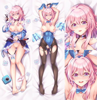 1girl alternate_costume animal_ear_hairband animal_ears arms_up bare_shoulders barefoot black_choker black_gloves blue_bow blue_bowtie blue_hairband blue_leotard blur_censor blush bow bowtie breasts breasts_out brown_pantyhose camera censored choker clothes_lift clothing_aside commentary_request covered_navel cuddly_octopus dakimakura_(medium) detached_collar fake_animal_ears full_body gloves gradient_eyes hairband honkai:_star_rail honkai_(series) large_breasts leotard leotard_aside lifting_own_clothes long_sleeves looking_at_viewer lying march_7th_(honkai:_star_rail) multicolored_eyes multiple_views nipples no_shoes on_back open_mouth panties panties_around_leg pantyhose partially_fingerless_gloves pink_hair pink_panties playboy_bunny pleated_skirt purple_skirt pussy rabbit_ear_hairband rabbit_ears shirt short_hair sidelocks single_glove skirt skirt_lift smile strapless strapless_leotard stuffed_animal stuffed_rabbit stuffed_toy suzu_miya thigh_strap torn_clothes torn_pantyhose underwear v white_shirt