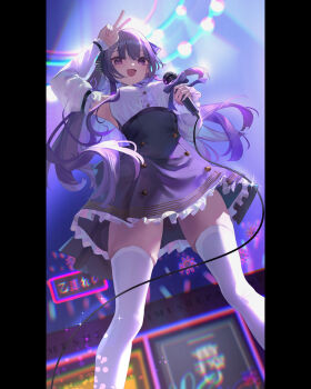 Rule 34 | 1girl, abroccoli, absurdres, detached sleeves, frilled skirt, frilled sleeves, frills, high-waist skirt, highres, holding, holding microphone, indie virtual youtuber, long hair, microphone, open mouth, otsuka ray, purple eyes, purple hair, purple skirt, shirt, skirt, sleeveless, sleeveless shirt, solo, stage lights, thighhighs, v, virtual youtuber, white shirt, white sleeves, white thighhighs, zettai ryouiki