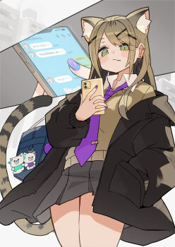 1girl absurdres animal_ear_fluff animal_ears bag bag_charm black_coat black_skirt blue_nails blush_stickers brown_hair brown_sweater cat_ears cat_girl cat_tail charm_(object) chat_log closed_mouth coat commentary_request cowboy_shot earrings extra_ears fingernails green_eyes hair_ornament hairclip hand_in_pocket highres jewelry katsu_(katsupainter) long_fingernails long_hair long_sleeves looking_at_phone looking_down miniskirt multiple_views nail_polish necktie off_shoulder open_clothes open_coat original phone pleated_skirt purple_necktie school_bag school_uniform skirt stud_earrings sweater tail translation_request wing_collar