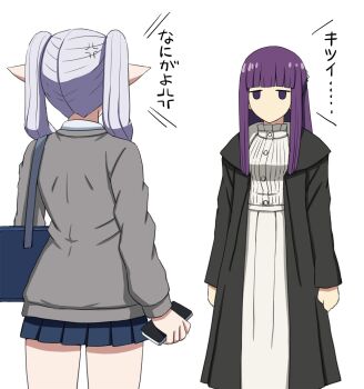 2girls alternate_costume back bag black_jacket blue_skirt cellphone commentary_request dress elf feet_out_of_frame fern_(sousou_no_frieren) frieren grey_jacket highres holding holding_phone jacket long_hair looking_at_another multiple_girls omachi_(slabco) phone pointy_ears purple_hair school_uniform simple_background skirt sousou_no_frieren standing translation_request twintails white_background white_dress