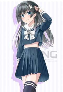 1girl a_certain_high_school_uniform adjusting_hair black_hair black_thighhighs blue_eyes blue_shirt blue_skirt bow commentary flower hair_flower hair_ornament highres ken&#039;ichi_(silvian125jp) long_hair midriff pleated_skirt sailor_collar saten_ruiko school_uniform serafuku shirt simple_background skirt smile solo thighhighs toaru_kagaku_no_railgun toaru_majutsu_no_index white_bow white_sailor_collar winter_uniform