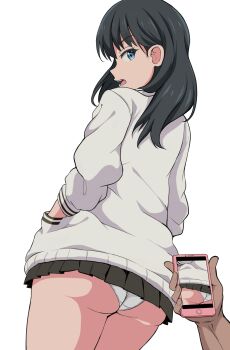 1boy 1girl absurdres annoyed ass black_hair black_skirt blue_eyes cellphone cowboy_shot dark-skinned_male dark_skin eyelashes from_behind from_below grey_sweater gridman_universe hands_in_pockets highres long_hair looking_at_viewer looking_back looking_down open_mouth panties pantyshot phone picture_frame profile simple_background skirt smartphone solo_focus ssss.gridman standing sweater takarada_rikka teeth underwear upper_teeth_only verseir_001 wedgie white_background white_panties