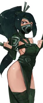 1girl akali akali_(legacy) bad_id bad_tumblr_id bandaged_leg bandages black_hair breasts dress elbow_gloves fingerless_gloves gloves green_dress green_gloves green_headband hair_ornament hair_stick hands_up headband highres league_of_legends legs_together long_hair mask medium_breasts mouth_mask no_panties pelvic_curtain ponytail raichiyo red_eyes sideboob simple_background single_bare_shoulder solo standing white_background