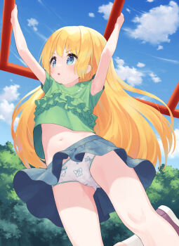 1girl armpits arms_up blonde_hair blue_eyes blue_skirt bow_print brown_shoes cameltoe climbing clothes_lift cloud commentary_request female_focus gluteal_fold green_shirt highres loli long_hair makigai midriff navel open_mouth original outdoors panties pantyshot print_clothes print_panties print_underwear shirt shirt_lift shoes short_sleeves skirt sky socks solo thighs underwear upskirt white_panties white_socks wind wind_lift yuria_(makigai)