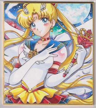 bishoujo_senshi_sailor_moon bishoujo_senshi_sailor_moon_stars blonde_hair blue_eyes blue_sailor_collar brooch chikoto_(kztc4472) choker crescent crescent_earrings crescent_facial_mark double_bun earrings elbow_gloves eternal_moon_article eternal_sailor_moon eternal_tiare facial_mark forehead_mark garnet_rod gloves hair_bun hair_ornament heart heart_brooch heart_hair_bun highres jewelry layered_skirt long_hair magical_girl photo_(medium) red_choker sailor_collar sailor_moon sailor_senshi sailor_senshi_uniform skirt star_(symbol) star_earrings traditional_media tsukino_usagi twintails white_gloves wing_brooch winged_wand wings