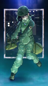 Rule 34 | 1girl, anti-tank mine, black gloves, body armor, bomb, boots, brown boots, chainsaw man, clenched teeth, explosive, full body, fyugins png, gloves, green jacket, green pants, hashtag-only commentary, heart, heart sticker, higashiyama kobeni, highres, holding, holding bomb, jacket, looking at viewer, military, military combat uniform, military uniform, mine (weapon), pants, russian flag, russian ground forces, russian text, scared, short hair, solo, standing, sticker, tactical gloves, tearing up, teeth